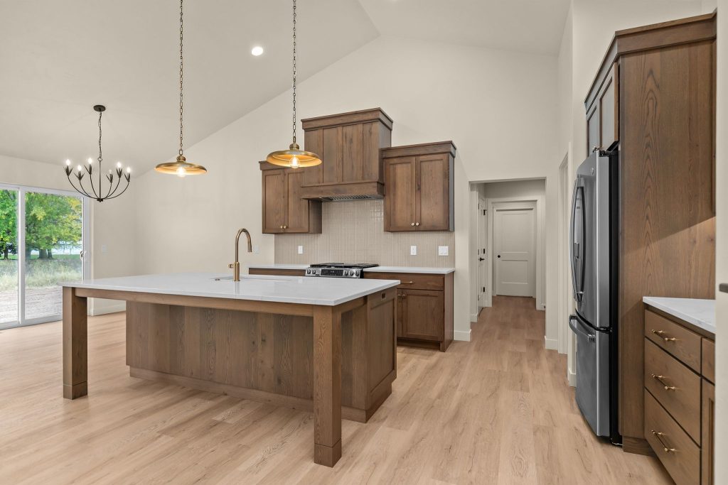 Open-concept living space connecting the kitchen and dining areas